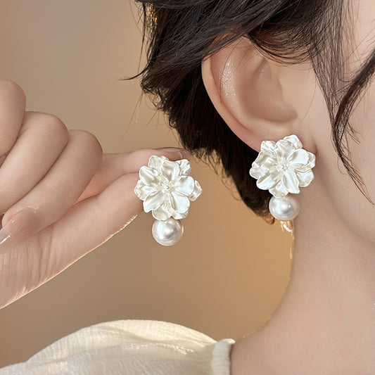 6 Pairs - Popular White Blue Pink Flower Pearl Earrings (Mix Color) (1 Pair Price - 30)