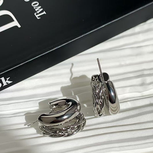 6 Set - Double-layer twisted metal earrings - silver (Unit price 24)
