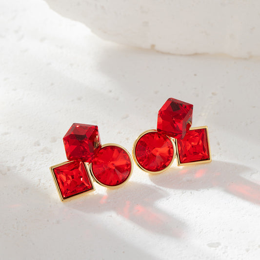 6 pc - Three-Dimensional Geometric Crystal Earrings - Red (Unit Price - 33)