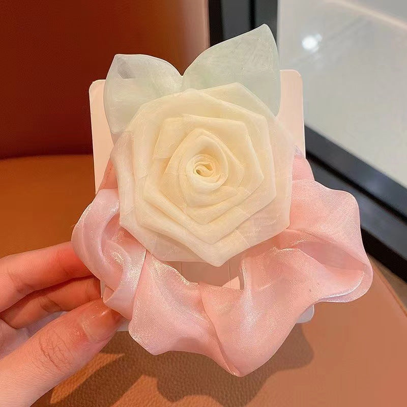 6 Pc - Hand-Woven Fabric Rose Flower Women's Back Head Hair Tie - Mix Color (1 Pc Price - 36)