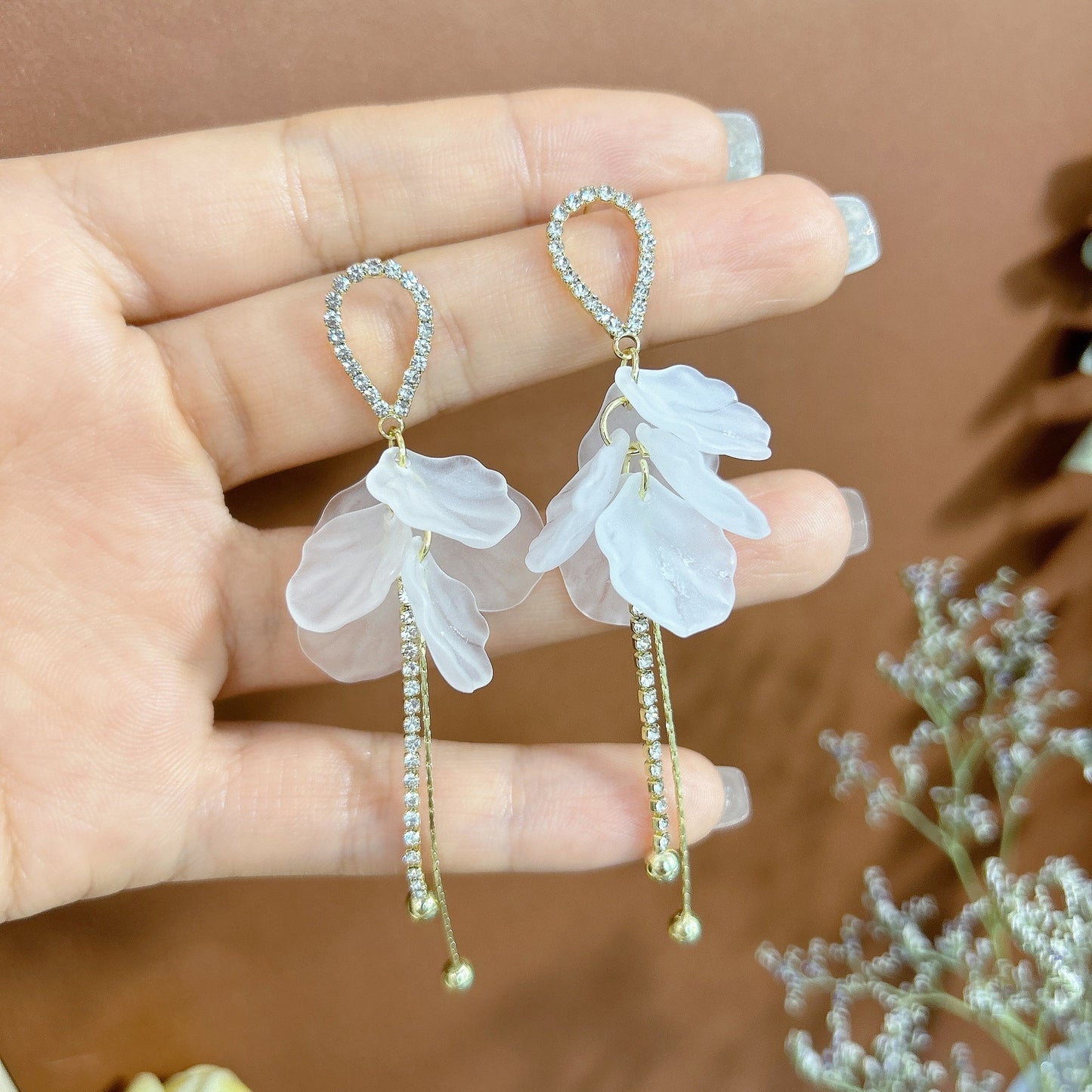 6 Pairs - Korean White Petal Tassel Elegant Fashion Long Earrings (1 Pair Price - 53)