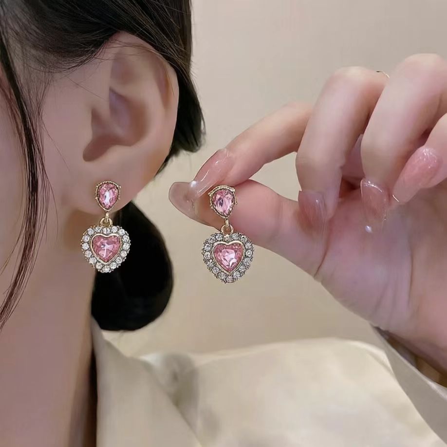 6 Pairs - Super Shiny Pink Heart Zircon Earrings (1 Pair Price - 34)