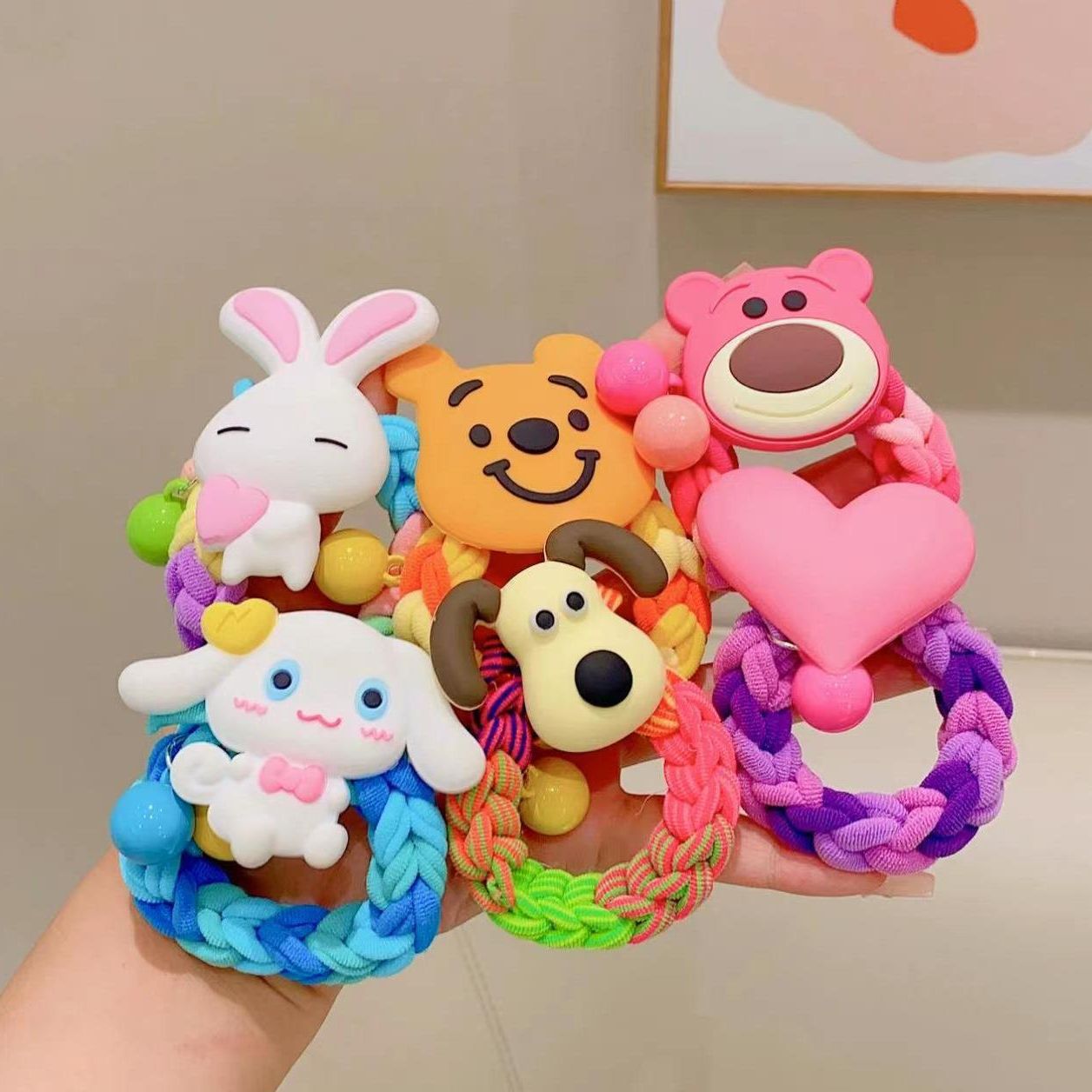 6 Pc  - Children's colorful cartoon woven thick hair ring hair rope opp packing (1 Pc Price - 13)