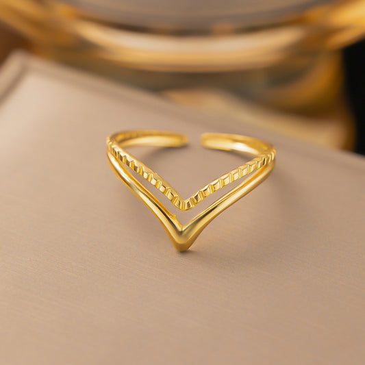 3 Pc - Anti Tarnish Double-layer v-shaped ring gold (1 Pc Price - 46)