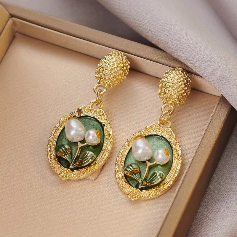 6 Pairs - French Retro Green Oil Painting Antique Flower Earrings (1 Pair Price - 40)