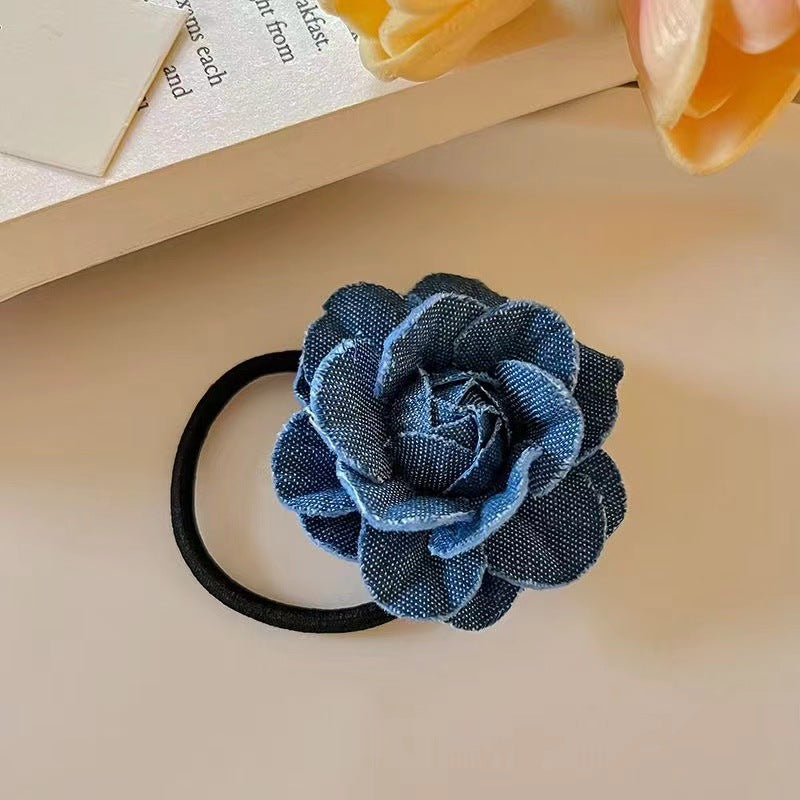 3 Pc - Sweet Cool Denim Blue Camellia Hair Rubberband - Royal Blue (1 Pc Price - 19)