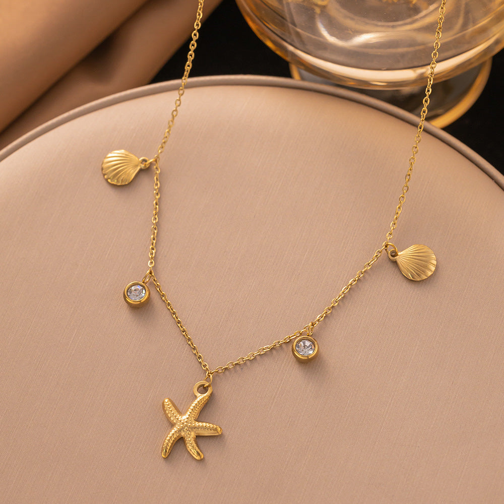 3 Pc - Anti Tarnish Starfish shell solitaire diamond necklace gold (1 Pc Price - 94)