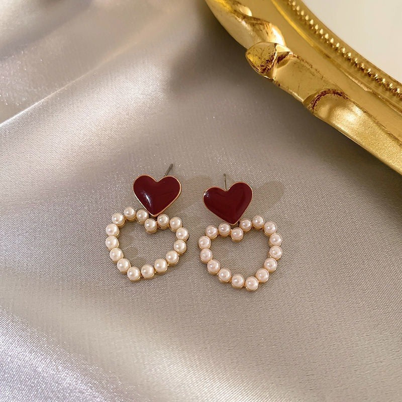 6 Pairs - Red Heart Pearl Earrings (1 Pair Price - 24)