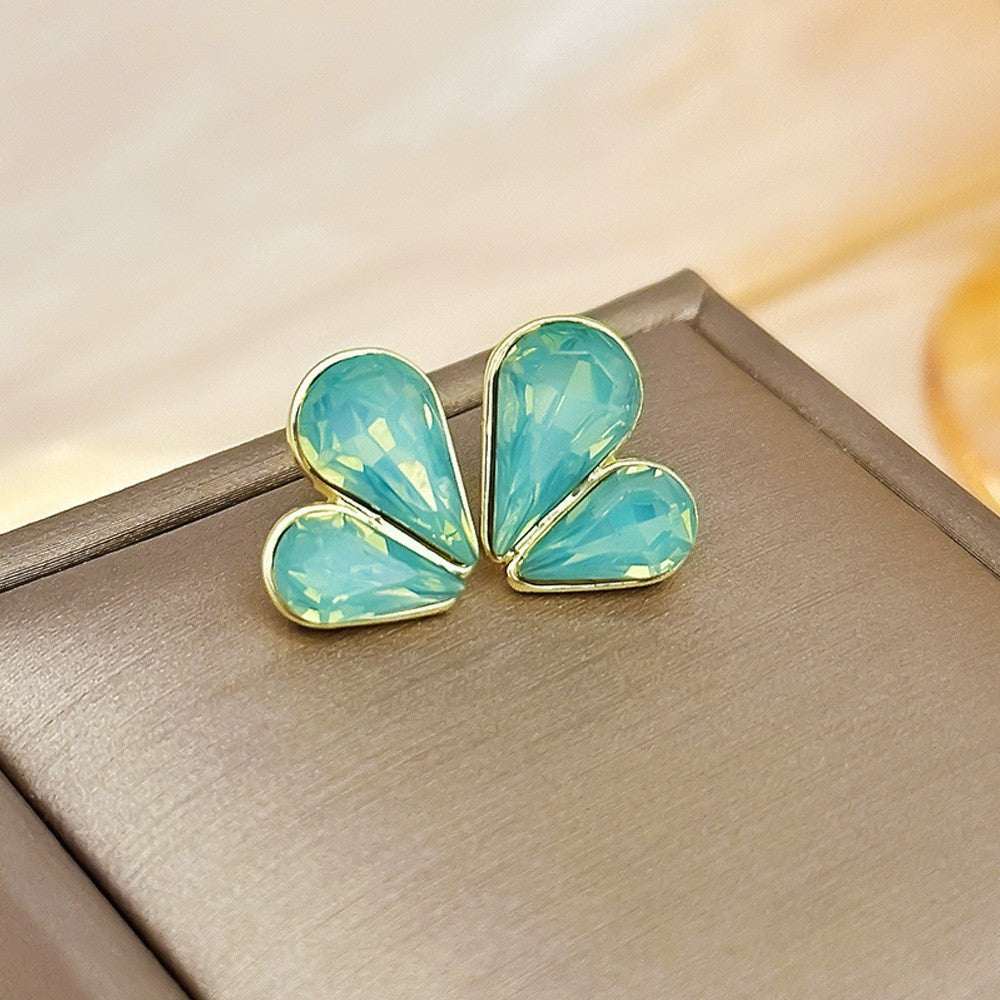 6 Pairs - Blue Rhinestone Heart-Shaped Earrings (1 Pair Price - 24)