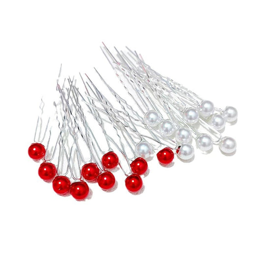 10 pc - Super fairy Korean bridal U-shaped clip hair fork pin - Red Pearl