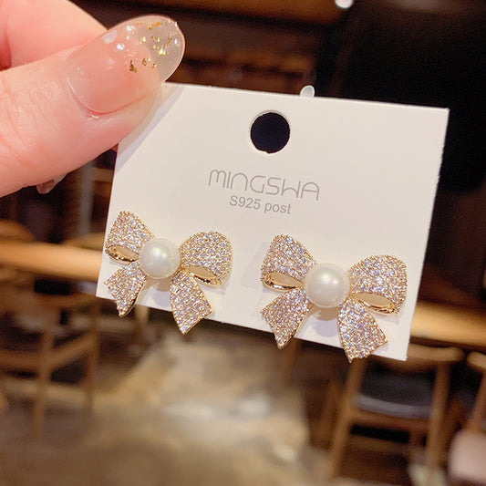 6 Pairs - Korean Super Fairy Exquisite Micro-Embedded Bow Pearl Earrings (1 Pair Price - 31)