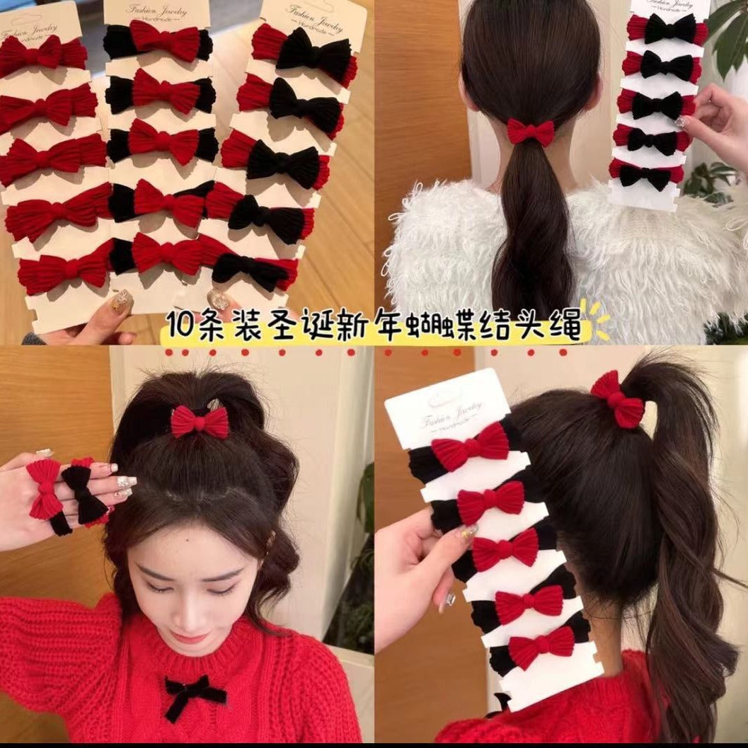 3 Set -New Year's style sweet red and black bow rubberband (Set of 10) (1 Set Price - 26)