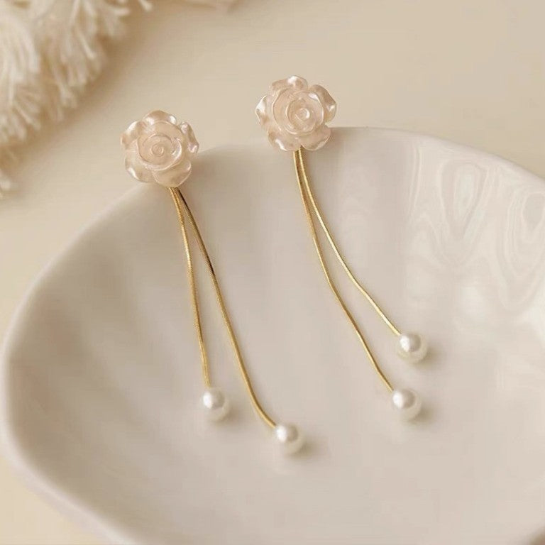 6 Pc - White camellia tassel earrings (Unit Price - 37)