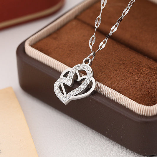 3 Pc - Double Heart Diamond Necklace - Silver (Unit Price - 75)