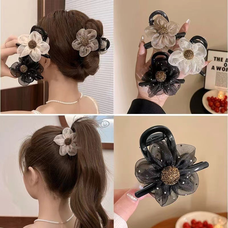 3 Pc - Mesh camellia rhinestone grip clip - Brown (1 Pc Price - 28)
