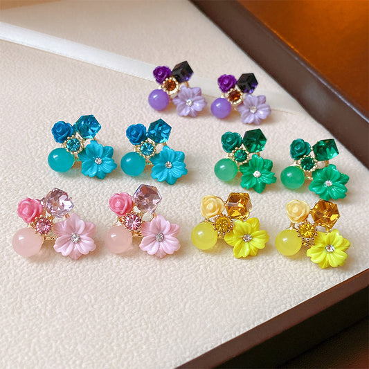 6 Pairs - Fengyun Retro Zircon Flower Earrings (Mix Color) (1 Pair Price - 34)