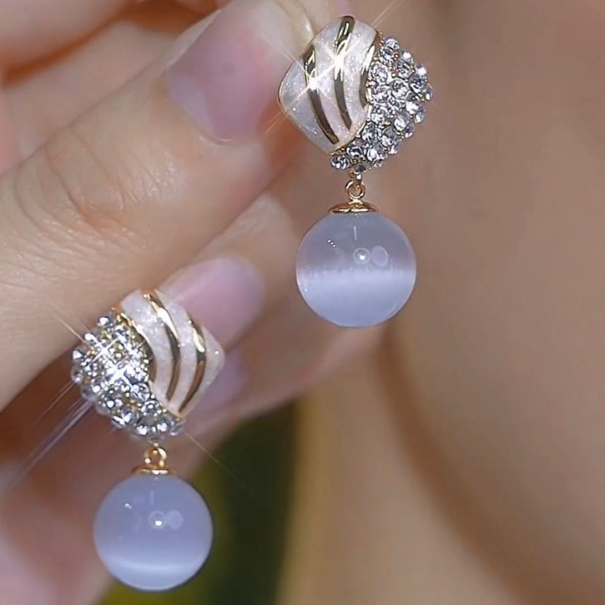 6 Pairs - Korean Style Full Diamond Rhombus-Shaped Cat's Eye Stone Earrings (1 Pair Price - 34)