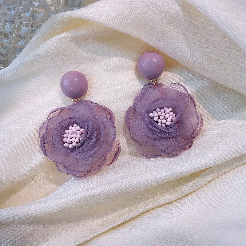 6 Set - Super fairy French retro purple white chiffon flower earrings (1 Set price - 48) 