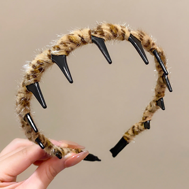 6 Pc - Plush Leopard Print Toothed Non-Slip Headband (Mix Color) (Unit Price - 20)