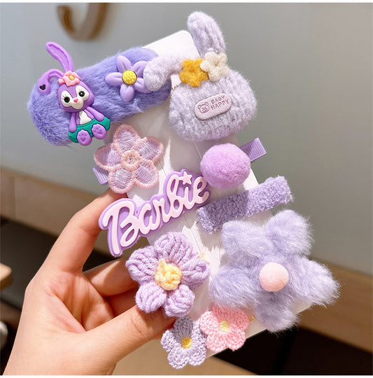 Purple Flower Plush Hairclip Set (9 pc set card packing)