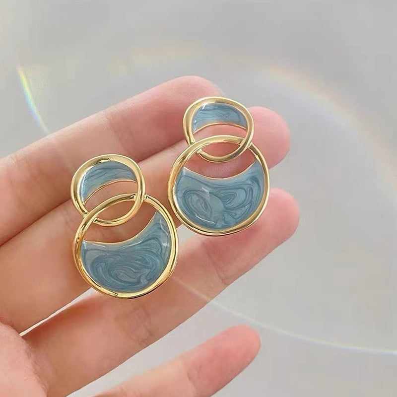 6 Pairs - Double-Ring Drip Glaze Sea Blue Travel Earrings (1 Pair Price - 25)