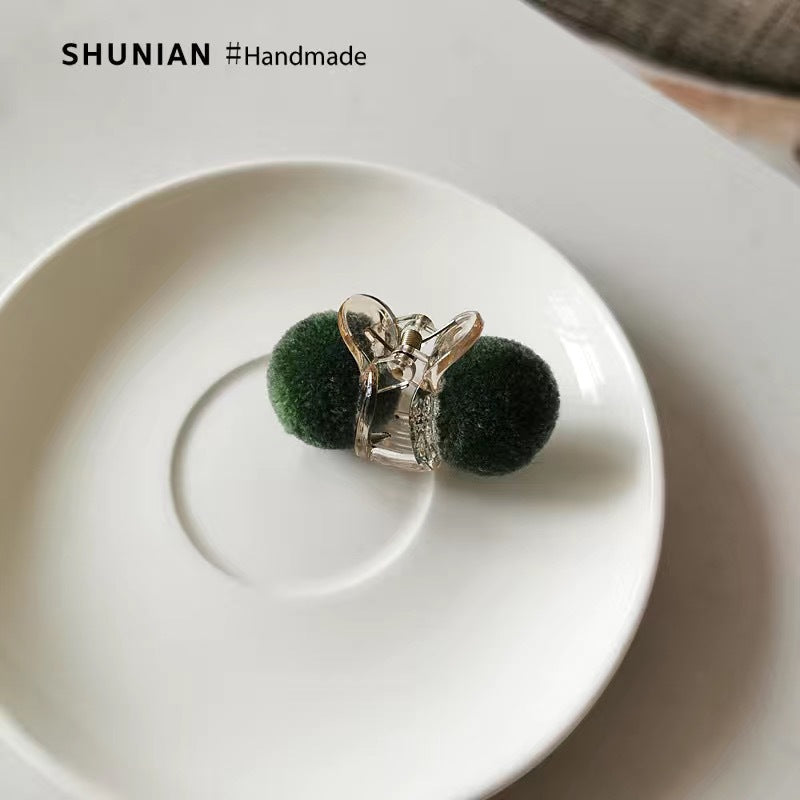10 Pc - Cute plush ball hairpin - Dark Green opp packing