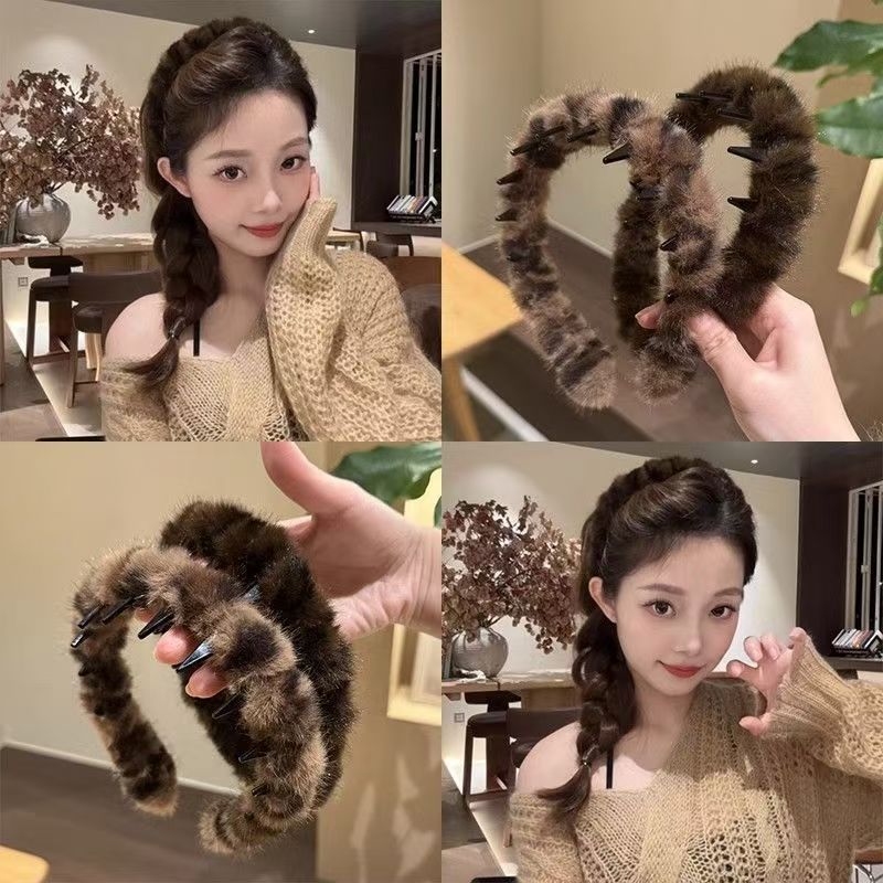 6 Pc - Korean Style Retro Leopard Print Toothed Plush All-Match Headband (Mix Color) (Unit Price - 22)