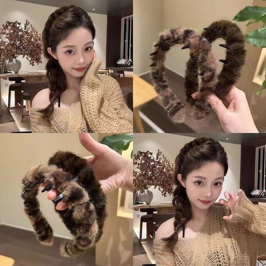 6 Pc - Korean Style Retro Leopard Print Toothed Plush All-Match Headband (Mix Color) (Unit Price - 22)