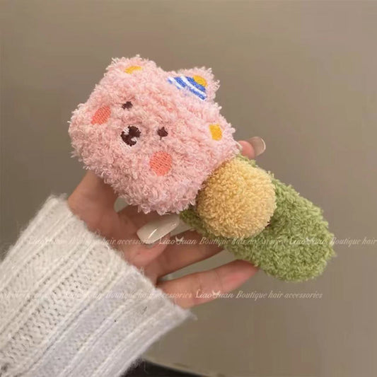 3 Pc - Plush pudding pink bear large duckbill hairpin (Unit Price - 23)