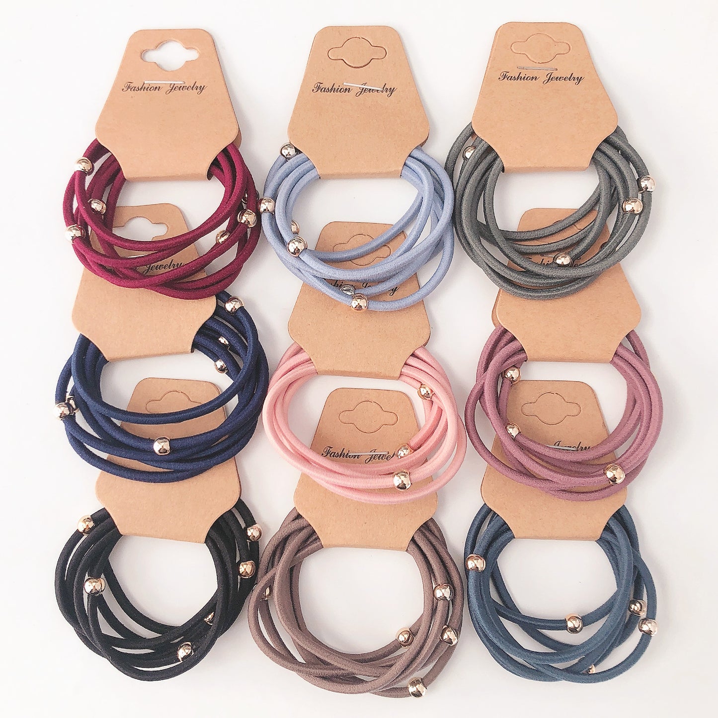 3 Set - Simple colorful hair ties with gold beads (6 piece set) (mix color)