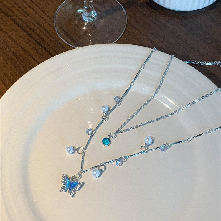 6 Pc - French-style sea blue pearl butterfly necklace (1 Pc Price - 62)