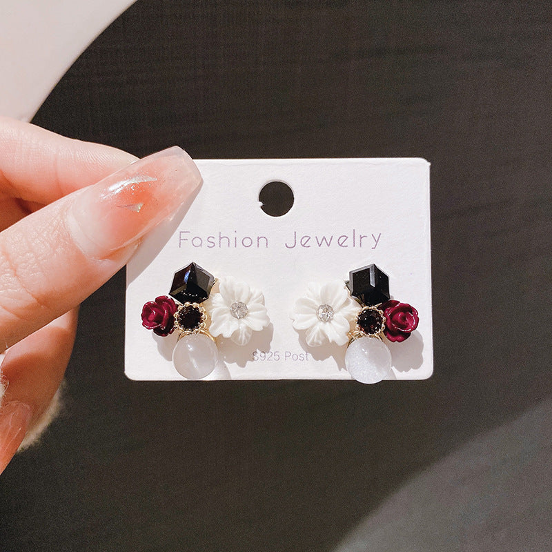 6 pc - Retro white crystal flower earrings - Multi colour (Unit Price - 36) 