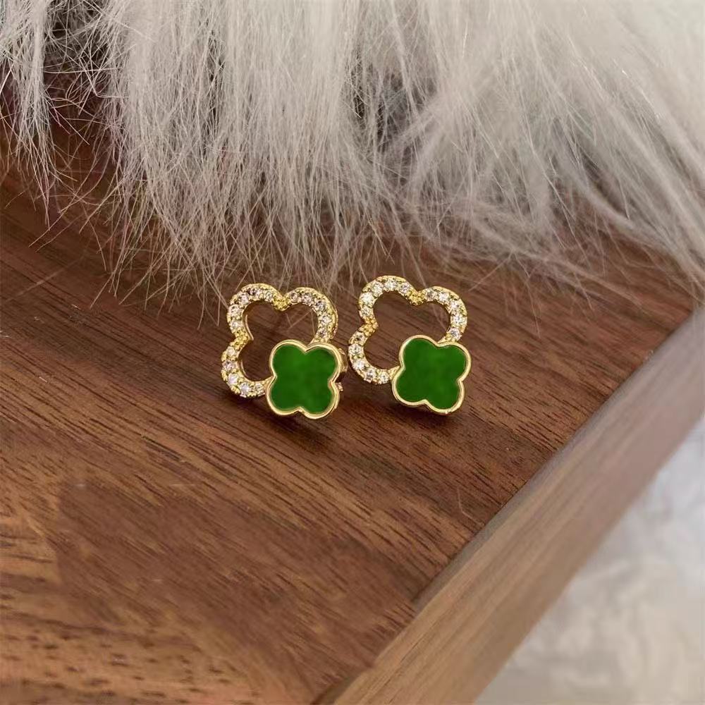 6 Set - Super flash diamond hollow lucky clover earrings - Green (1 Set price - 33)