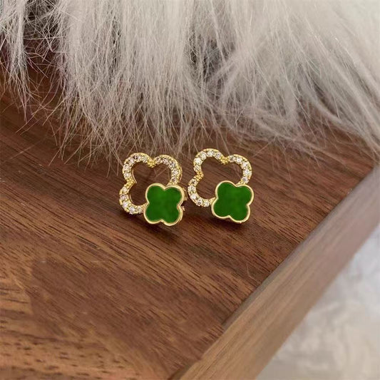 6 Set - Super flash diamond hollow lucky clover earrings - Green (1 Set price - 33)