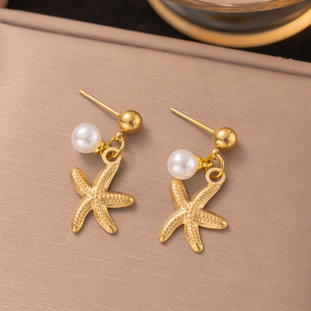 3 Set - Anti Tarnish Pearl starfish shell necklace earring set gold (1 Set Price - 160)